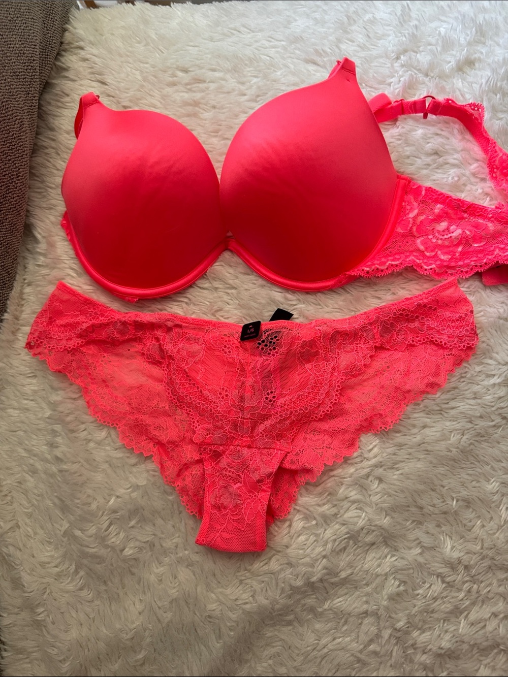Women's Neon Pink Lace Bra & Panty Set - multiple strap placement